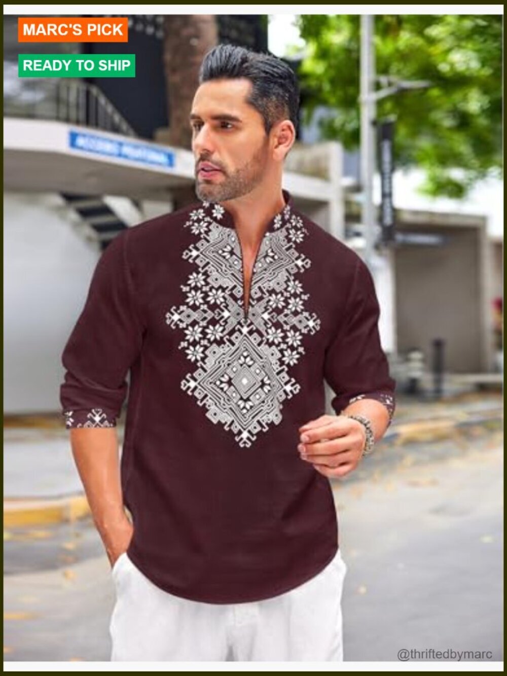 Men's African Print Henley Shirt Long Sleeve Zip Up Cotton Linen - Picture 6 of 7